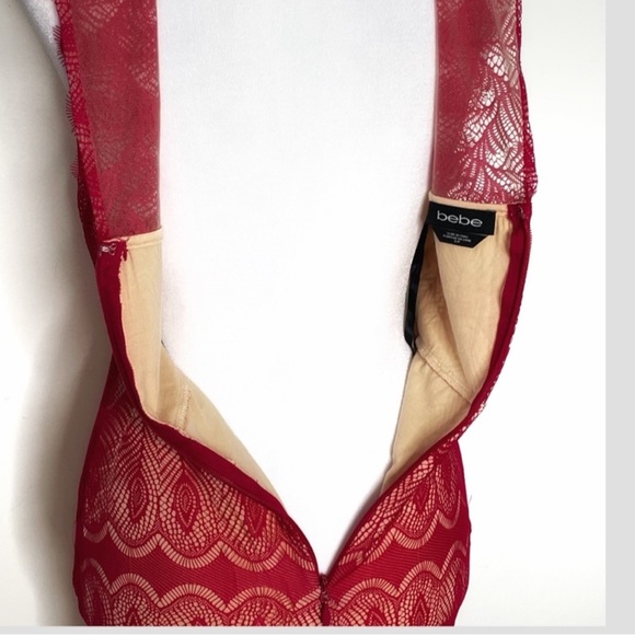 Bebe Red Lace Overlay Bodycon Dress Sz S - Picture 7 of 10